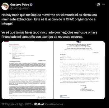 Gustavo Petro afirmó en X que no existe ningún impedimento en Interpol para su movilidad internacional ni una extradición inminente - crédito @petrogustavo/X