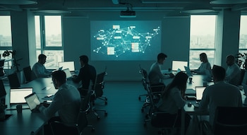 Vista aérea de una oficina coworking con varias personas sentadas en mesas largas usando laptops, una pantalla en la pared muestra un gráfico de red.