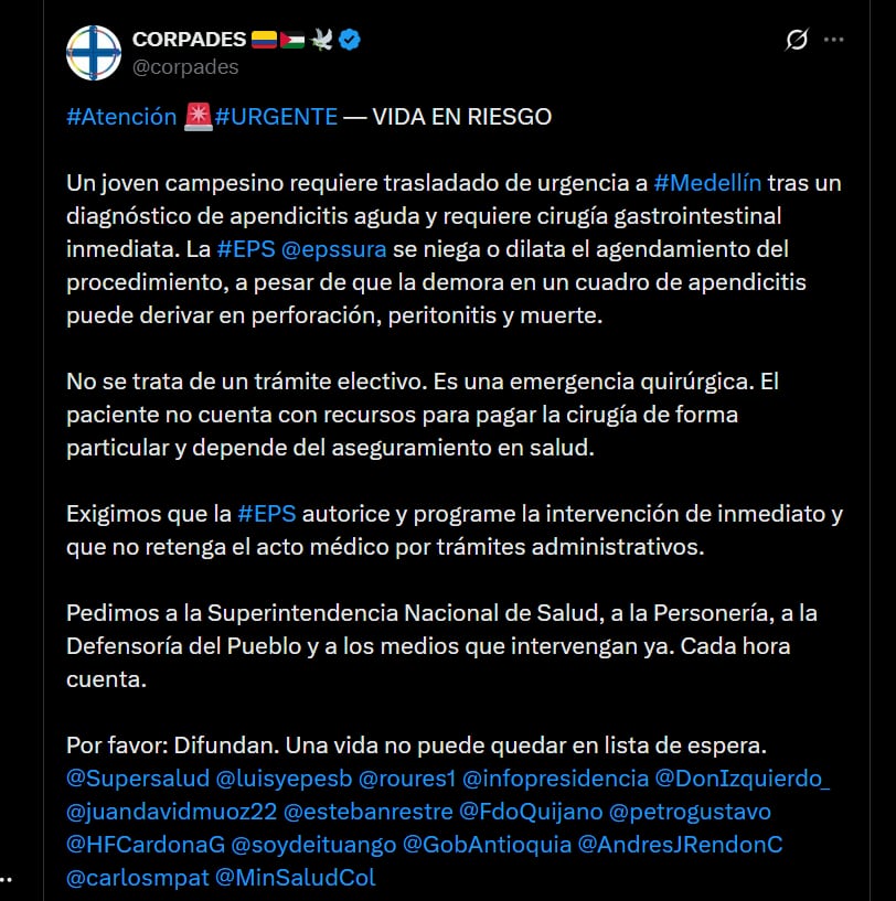 Corpades denunció a la EPS Sura en el departamento de Antioquia por la demora en autorizar una cirugía urgente - crédito X