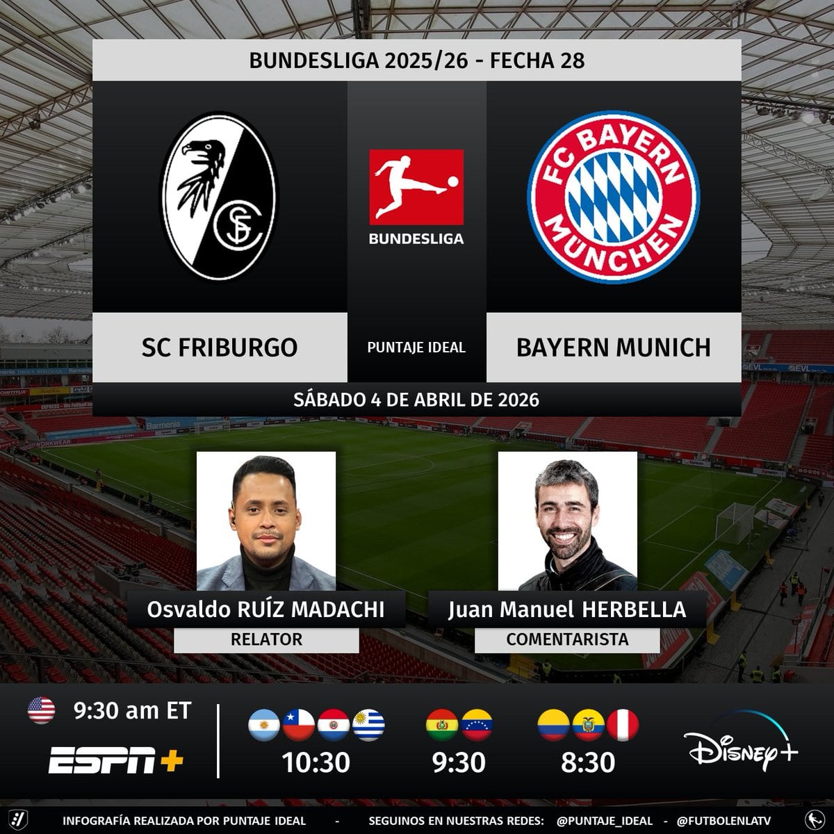 O colombiano Osvaldo Ruíz Madachi estará na cobertura da partida que será disputada no Europa-Park pelo crédito Disney Plus @Puntaje_Ideal/X