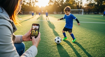 Mujer de espaldas graba con teléfono móvil a niño con camiseta azul que patea un balón de fútbol en campo deportivo verde con otros niños y un arco.