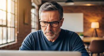 Primer plano de un hombre de mediana edad con cabello gris, lentes y barba, mirando atentamente una pantalla de computadora. Fondo de oficina informal.