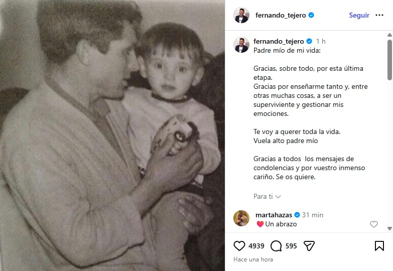 Muere el padre de Fernando Tejero: la emotiva carta que le dedica el actor  en la que asegura que le va “a querer toda la vida” - Infobae