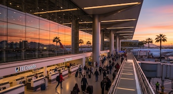 Terminal del Aeropuerto El Dorado de Bogotá al atardecer con fachada de cristal reflejando el cielo. Numerosos pasajeros, mostradores de facturación y aviones Avianca en la pista.