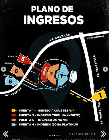 Un mapa de entradas a un recinto con avenidas, puertas numeradas (1, 5, 6) y flechas de colores que indican rutas para áreas VIP, Platinum y Tribuna