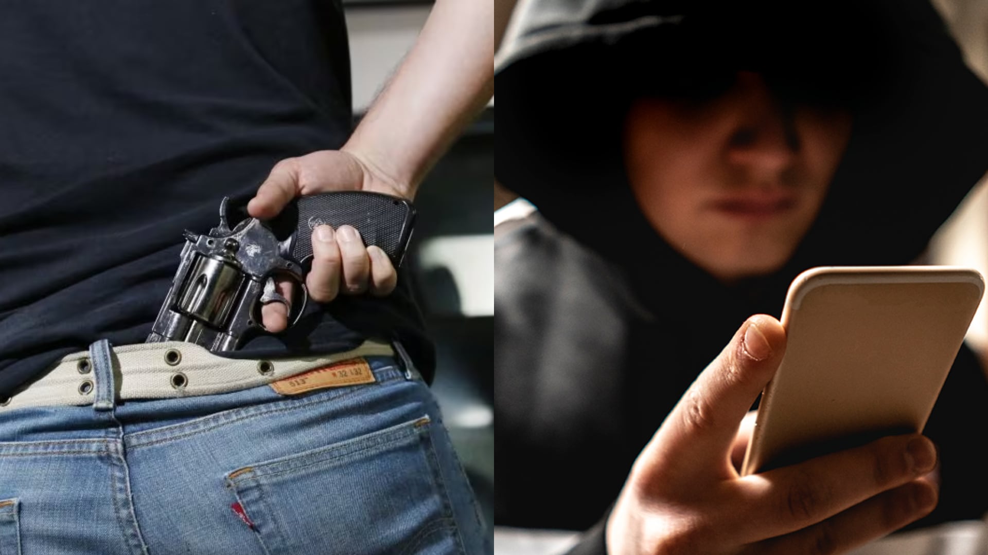 Imagen ilustrativa de extorsión digital y amenaza armada, reflejando el modus operandi de la organización criminal Los Sanguinarios de Huáscar y la captura de Luis Alejandro Necochea Blas. (Foto: Composición Infobae Perú)