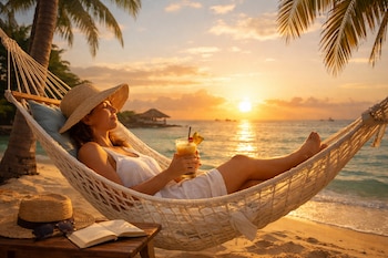 Mujer en una hamaca de playa, sombrero de paja, bebida tropical, atardecer sobre el mar, palmeras, libro, gafas de sol en mesa de madera.