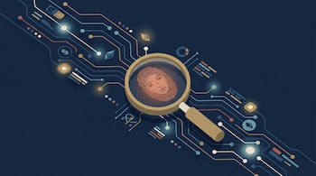 Lupa de marco dorado sobre un circuito digital con símbolos de divisas y una huella dactilar con figura de rostro en el centro.