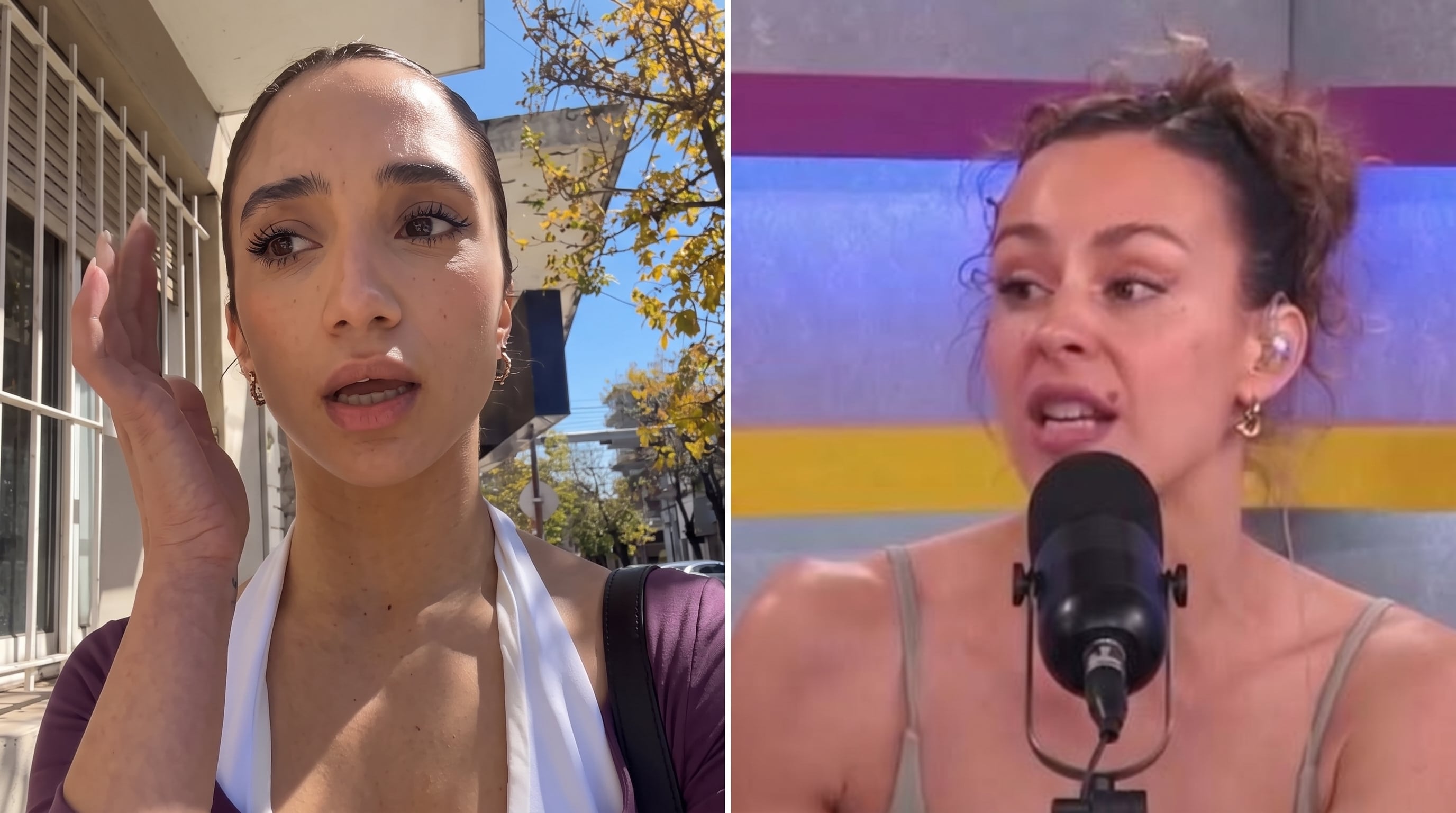 Un díptico presenta a la bailarina Melody Luz al aire libre y a la bailarina Fio Giménez frente a un micrófono en un estudio de grabación. (Imagen Ilustrativa Infobae)