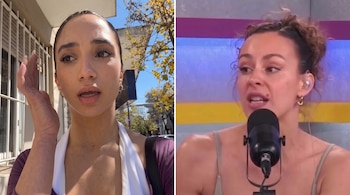 Dos fotografías contiguas: Melody Luz en la vía pública y Fio Giménez hablando frente a un micrófono de estudio.