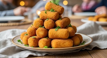 Pila de croquetas doradas con perejil fresco en fuente de cerámica sobre mesa de madera. Fondo borroso con personas comiendo en un ambiente familiar.