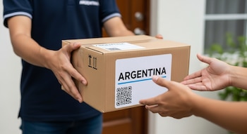 Primer plano de un repartidor entregando una caja de cartón a una persona. La caja muestra una etiqueta con el texto "Argentina" y un código QR.