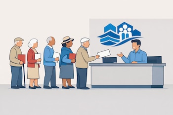 Ilustración de seis adultos mayores en fila con papeles y carpetas, avanzando hacia un mostrador donde un empleado sonriente los atiende. El logo de FONAVI adorna la pared.