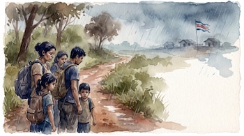 Pintura acuarela que muestra a cinco personas con mochilas caminando bajo la lluvia en un camino de tierra, con árboles, casas y una bandera de Costa Rica al fondo.