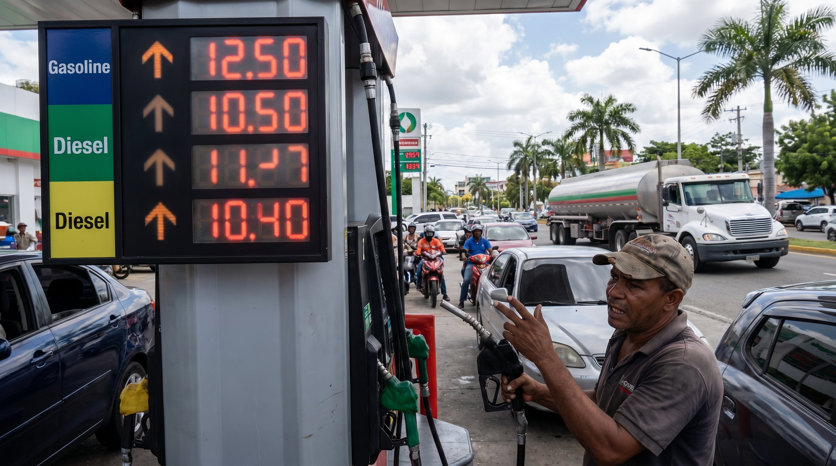 Un empleado de gasolinera sostiene una boquilla de combustible mientras los precios de la gasolina y el diésel, impulsados por el alza del petróleo, suben en República Dominicana. (Imagen Ilustrativa Infobae)
