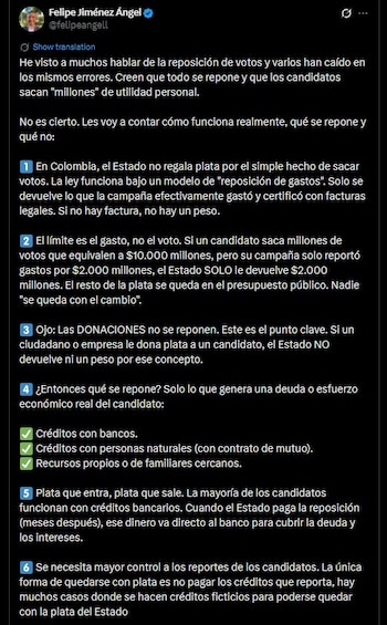 Las donaciones privadas no son elegibles para la devolución estatal, mientras que los créditos bancarios y recursos propios sí pueden ser repuestos - crédito @felipeangell/X