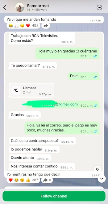 Tras la viralización de sus declaraciones, publicó la captura del mensaje en el que rechazó la oferta del Canal RCN por el monto ofrecido - crédito captura de pantalla Canal de WhatsApp Samantha Correa