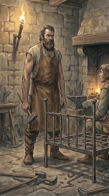 Ilustración realista de Procusto, un hombre barbudo con delantal de cuero y martillo, junto a una cama de hierro en un taller de piedra con una fragua encendida y un joven sentado.
