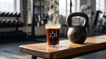 Vaso de café humeante con un logo de molécula de cafeína sobre un banco de madera junto a una pesa de kettlebell. Fondo desenfocado de un gimnasio.