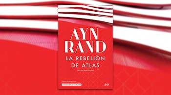 Portada del libro La rebelión de Atlas de Ayn Rand con texto blanco sobre fondo rojo, patrón geométrico y el sello de la editorial Ariel.