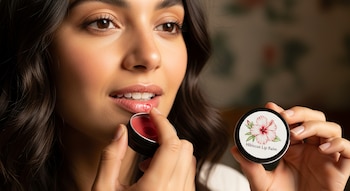 Primer plano de una mujer aplicando bálsamo labial rojo de un pequeño recipiente metálico a sus labios. Sostiene otro recipiente etiquetado 'Hibiscus Lip Balm'.