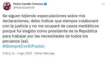 Tweet de Pedro Castillo sobre