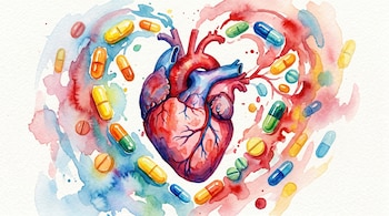 Una ilustración acuarelada de un corazón anatómico en tonos rojos y azules, rodeado por una variedad de píldoras y cápsulas de colores flotando sobre un fondo blanco.