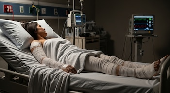 Una mujer recostada en una cama de hospital con sábanas blancas, tiene vendajes cubriendo ambos brazos y piernas. Al fondo se ven equipos médicos y un monitor.