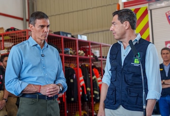 El presidente del Gobierno, Pedro Sánchez, junto al presidente de la Junta de Andalucía, Juanma Moreno, en Los Gallardos, la zona afectada por un incendio (Francisco J. Olmo / Europa Press)