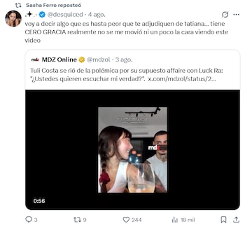 Sasha Ferro respaldó en X las críticas contra Tuli Acosta por un video en el que se rio de la polémica