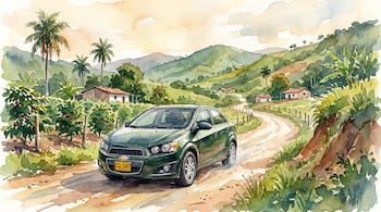 Pintura en acuarela de un coche sedán verde claro con matrícula colombiana CD-340 en un camino de tierra. Fondo de montañas verdes, palmeras y casas rurales.