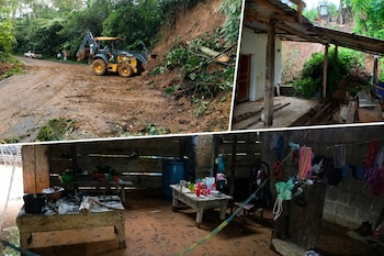 Una maquinaria retira barro de una carretera, la tierra impacta tras una vivienda y el lodo cubre el piso interior de una casa.