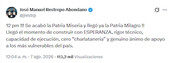 José Manuel Restrepo celebró el fin del gobierno Petro - crédito @jrestrp