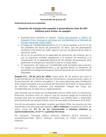 La Superservicios informó que los usuarios del servicio de energía pagaron más de $97 billones debido al cargo por confiabilidad, un mecanismo creado para garantizar el suministro de energía y prevenir apagones en épocas de escasez hídrica - crédito Superintendencia de Servicios