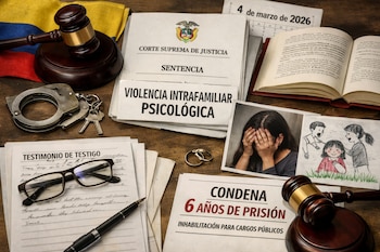 Vista cenital de documentos judiciales sobre violencia intrafamiliar psicológica, con un mazo, esposas, anillos de boda, fotos y una bandera de Colombia.