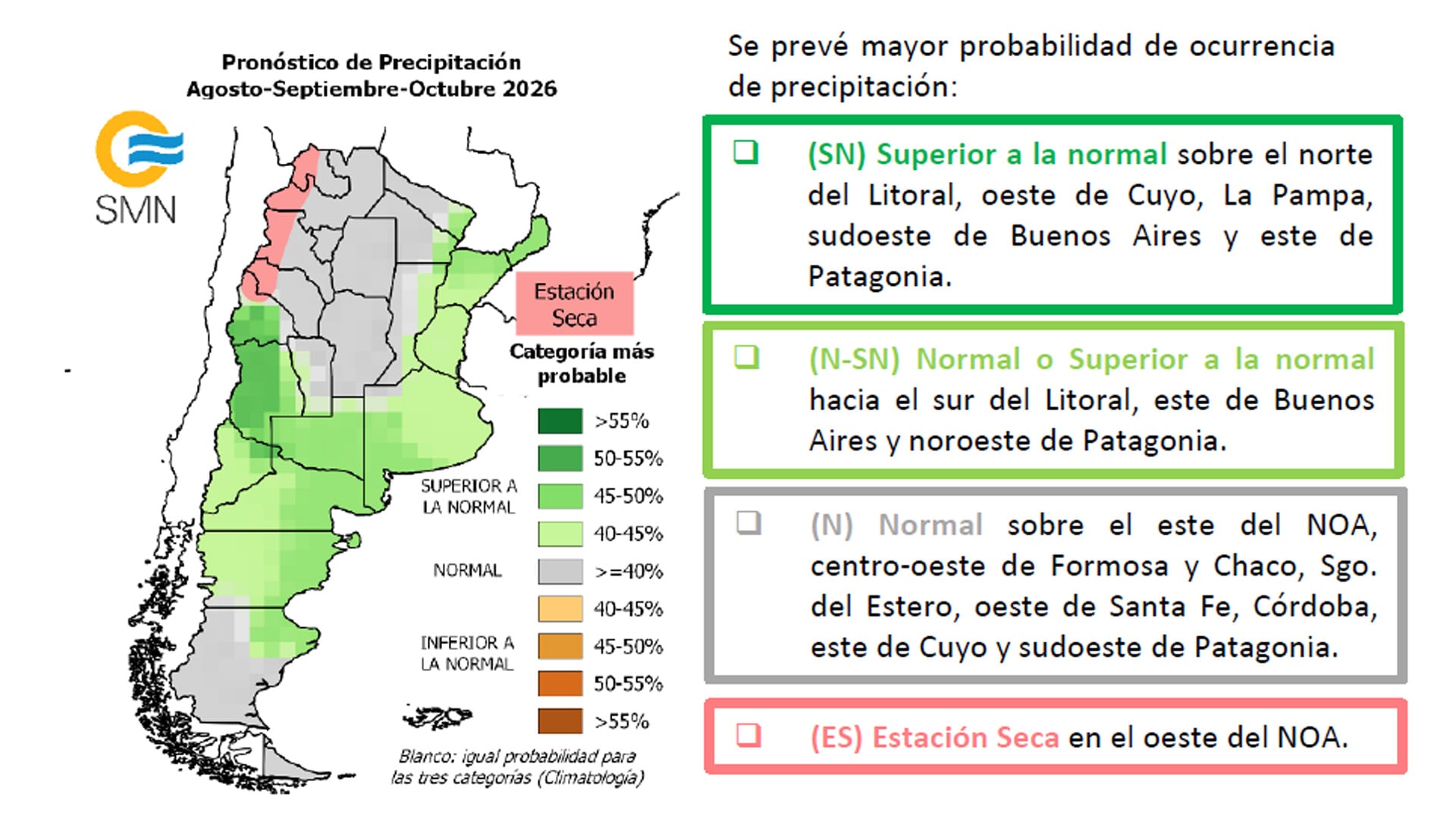 La Pampa y el sudoeste de Buenos Aires presentan probabilidades elevadas de precipitaciones por encima de lo normal (SMN)