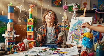 Un niño con pintura en la cara y manos, sentado en un estudio de arte lleno de obras, con bloques de colores y una mano adulta coloreando un dibujo en un caballete.