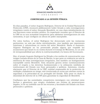 Con este comunicado, Armando Benedetti,