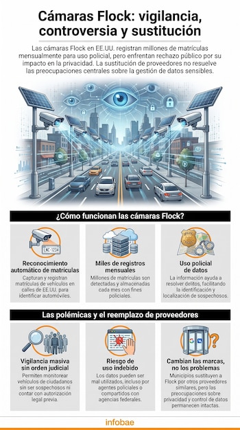 Infografía con una ilustración de una calle transitada bajo cámaras de vigilancia y seis recuadros informativos con texto e iconos.