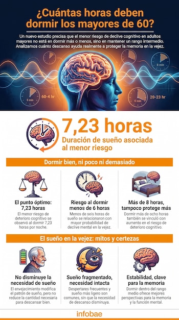 Infografía que muestra una cabeza con un cerebro, relojes, una balanza, una cama, un perfil de anciano, una luna y texto sobre horas de sueño.