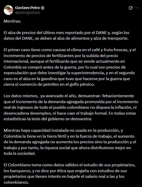 El presidente Gustavo Petro rechazó el informe económico que atribuye al alza del salario mínimo parte del repunte inflacionario, y defendió que el aumento de precios obedece principalmente a factores como alimentos y transporte - crédito Gustavo Petro/X