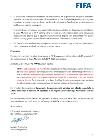 El comunicado oficial de la FIFA respecto a la decisión de que no regirán las suspenciones en el Mundial (FIFA)