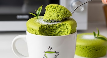 Primer plano de un bizcocho de té verde en una taza blanca, decorado con azúcar en polvo y hojas de té. Una cuchara levanta una porción; otro bizcocho similar está detrás.