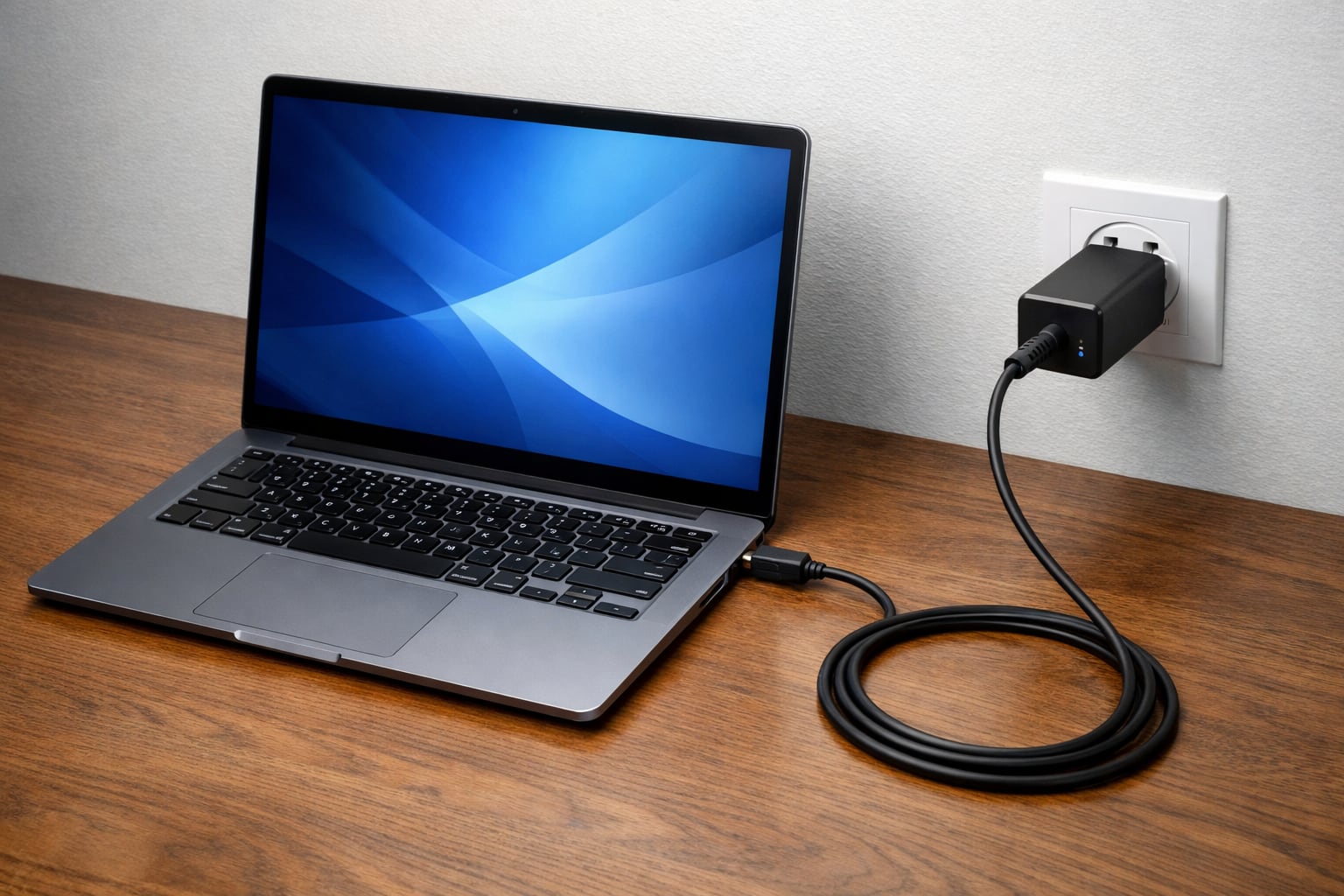 Un portátil se carga conectado a la corriente eléctrica sobre una mesa de madera. (Imagen Ilustrativa Infobae)