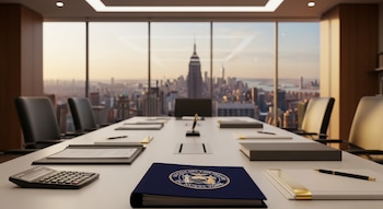 Sala de escritório institucional com janelas horizontais para o horizonte de Nova York ao entardecer, mesa comprida com documentos, calculadoras e pastas da Controladoria.