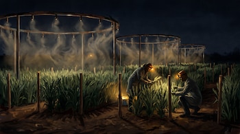 Dos personas con batas y linternas frontales revisan plantas de trigo de noche, rodeadas por estructuras circulares metálicas que emiten vapor.