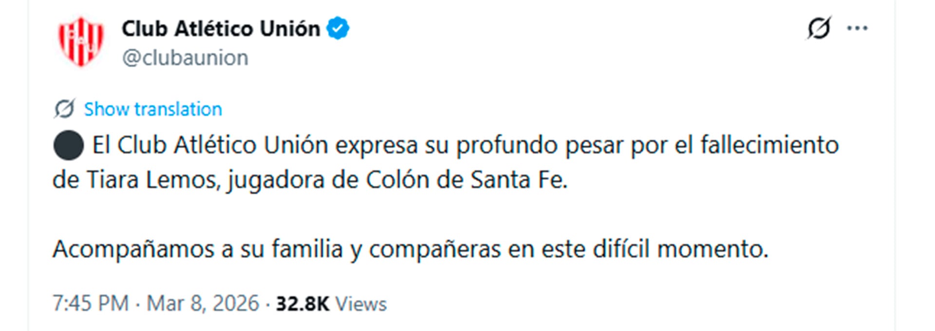 El mensaje de apoyo de Unión (@clubaunion)