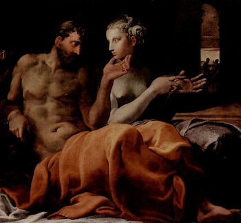Pintura clásica: hombre barbudo y mujer con cabello recogido. Ella toca su mentón y sostiene un objeto. Al fondo, un arco con siluetas de personas