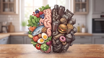Ilustración de un cerebro dividido: la mitad izquierda contiene alimentos frescos y la mitad derecha, alimentos procesados, bebidas y comida rápida.