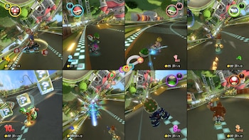 Mosaico con ocho divisiones de pantalla donde aparecen personajes de Nintendo conduciendo vehículos de carreras en diferentes tramos